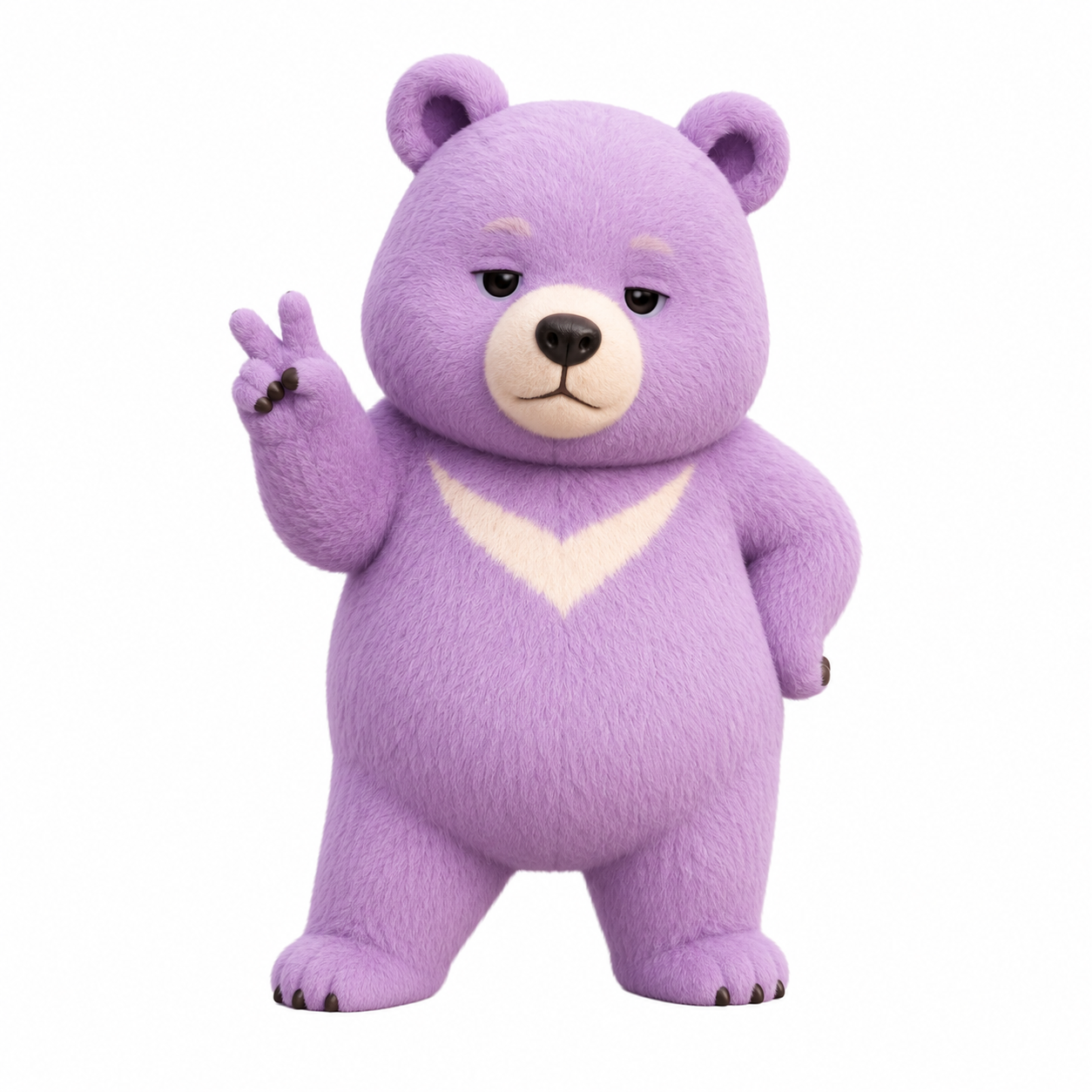 보라색 털과 크림색 가슴 무늬를 가진 곰이왔곰 캐릭터